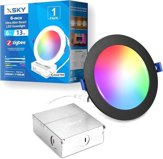 Xsky Smart Recessed Lighting 6 Inch 1 Pack, Black Trim, Zigbee 3.0 Lighting, RGBCW Dimmable Downlight, Compatible with Alexa, Home Assistant, SmartThings