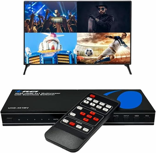 OREI 4K Multi HDMI Viewer Quad 4 in 1 Out, Switcher 4 Ports Seamless IR Remote Support 4K @ 60Hz 1080P for PS4/PC/DVD/Security Camera, HDMI Switch Optical Audio L/R Output - UHD-401MV