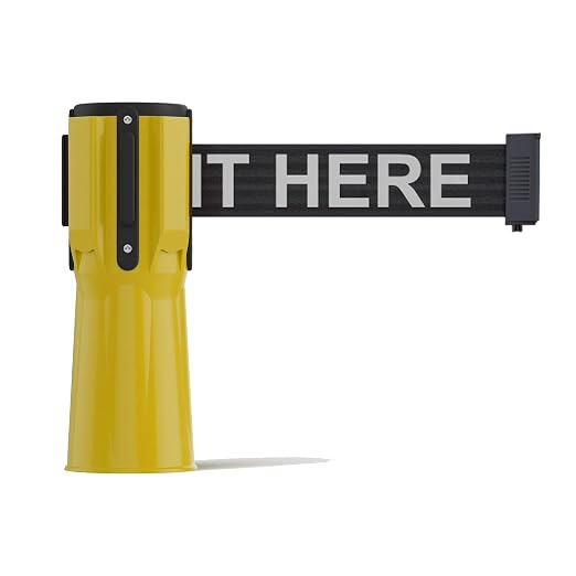 Trafford Industrial Cone-Mounted Retractable Belt Barrier, 11 Ft. | Yellow ABS Case, Black 2-inch Herringbone Belt with White "Please Wait Here" Letters, Belt-braking Control, 4-way Receiver