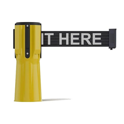Trafford Industrial Cone-Mounted Retractable Belt Barrier, 11 Ft. | Yellow ABS Case, Black 2-inch Herringbone Belt with White "Please Wait Here" Letters, Belt-braking Control, 4-way Receiver