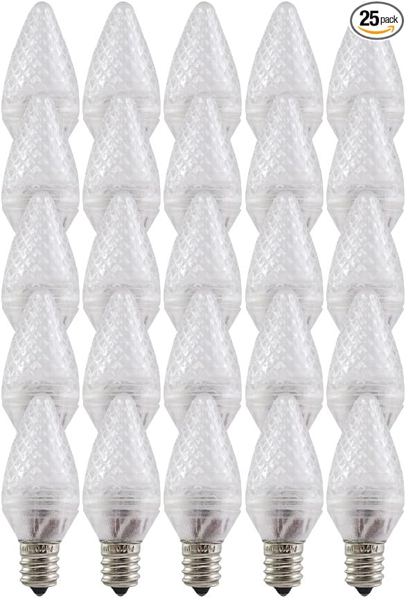 Aurio Lighting LED C7 Light Bulbs, E12 Sockets, Warm White, Commercial Grade Replacement Lamps, Christmas or Year Round, 25 Pack