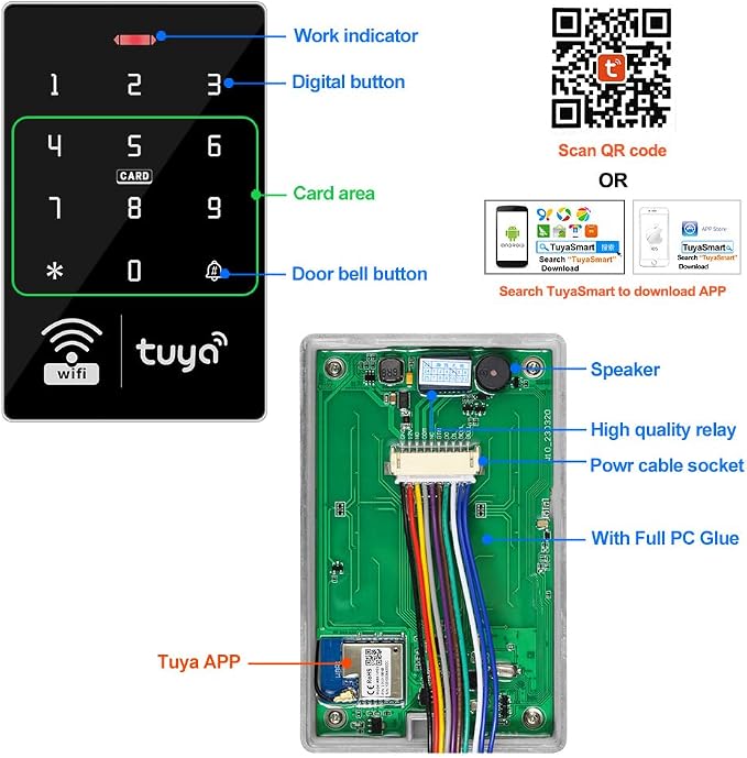 LIBO Tuya Smart Access Control Keypad with 10 IC Key Fobs | IP68 Weatherproof Keypad, 1000 Users, RFID IC Card & PIN Code, ABS Housing, for Home, Office, Business