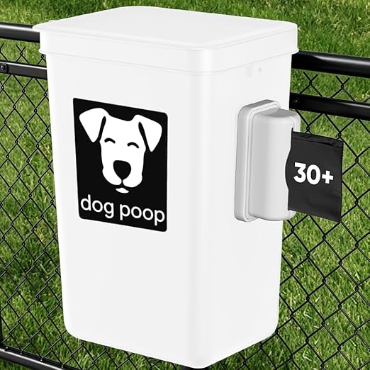 Moryimi Dog Poop Trash Can Outside, 3.1 Gallon Dog Waste Trash Can with Trash Bag Dispenser, Outdoor Dog Poop Trash Can with Lid, White Hanging Trash Can for Fence, Garbage, Outdoors, Counter Top