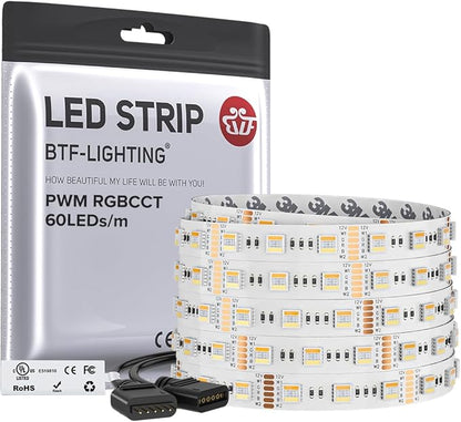 BTF-LIGHTING RGBCCT LED Strip UL Listed 16.4ft 60LED/m 300LED DC12V IP30 | White LED Tape 12mm wide 5 Colors in 1 RGB+Dimmable Tunable Color Temperature 2700K-6500K for Decor(No Adapter or Controller)
