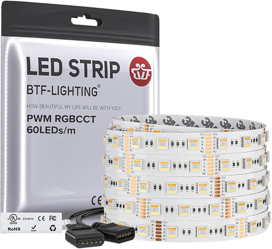 BTF-LIGHTING RGBCCT LED Strip UL Listed 16.4ft 60LED/m 300LED DC12V IP30 | White LED Tape 12mm wide 5 Colors in 1 RGB+Dimmable Tunable Color Temperature 2700K-6500K for Decor(No Adapter or Controller)