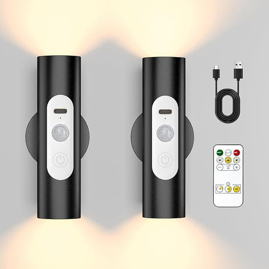 WOBSION Motion Sensor Wall Light with Remote Control, Rechargeable Wireless Wall Sconce, Brightness Adjustable, 3 Color Mode,Indoor Lamp for Hallway, Bedroom,Picture,LED,Black,2 Pack