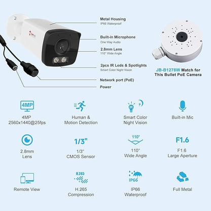 Anpviz 4MP Bullet PoE IP Camera with Smart Dual Light Color Night Vision, Full Metal PoE Security Camera Indoor/Outdoor, AI Human Motion Detection, IP66, Wired, NDAA, IPC-B8A43WD-S (U Series)