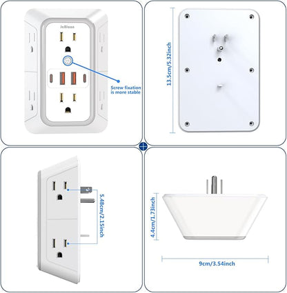 JcBlaon Outlet Extender Surge Protector - 6 Outlet Splitter with 4 USB Ports (2 USB C), Multiple Plug Expander Wall Charger, 3 Sided Multi Plug Wall Adapter Power Strip for Home Office Kitchen Travel