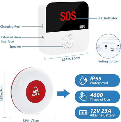 WiFi Rechargable Smart Wireless Caregiver Pager Call Button System Nurse Calling Alert System for Elderly Patient Seniors Disabled Kids 2 SOS Panic Buttons 1 Receiver (only Supports 2.4GHz Wi-Fi)