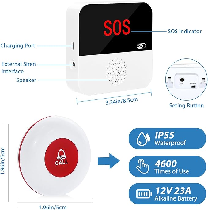 WiFi Rechargeable Smart Caregiver Pager System - Wireless Nurse Call Button with SOS Emergency Alert for Elderly, Patients, Disabled & Kids (2.4GHz WiFi Only, 2 Button + 2 Receiver)