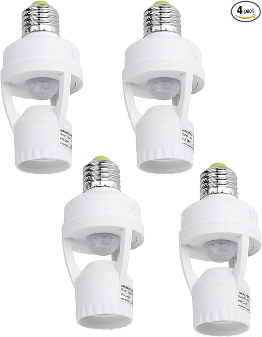 PIR Motion Sensor Light Socket Smart Screw in Light Bulb Outlet Compatible with E26/E27 Motion Activated Bulb Holder Adapter Automatic Control for Garage Storage Room(4pack)