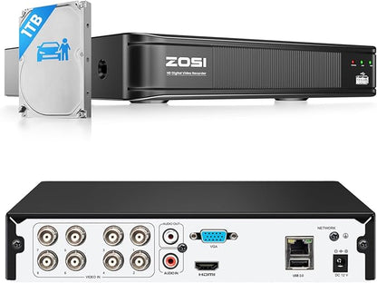 ZOSI H.265+ 5MP 3K Lite 8 Channel CCTV DVR Recorder, AI Human Vehicle Detection, Alert Push, Hybrid Capability 4-in-1(Analog/AHD/TVI/CVI) Full 1080p HD Surveillance DVR for Security Camera (1TB HDD)