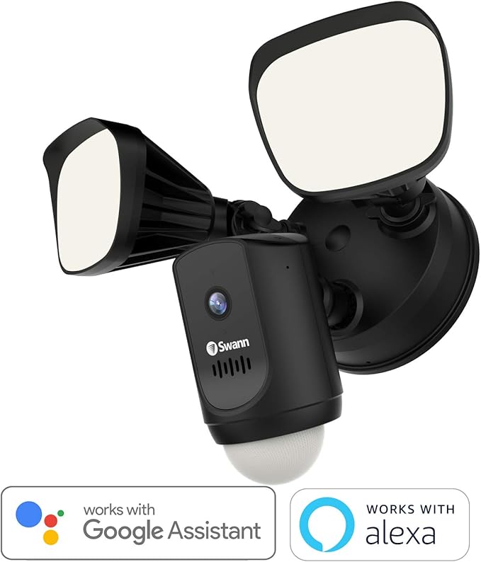 Swann Floodlight Security Camera w/Dimmable Motion Lighting, 2 Way Talk, Wi-Fi Surveillance 1080p HD, Indoor/Outdoor Color Night Vision, True Detect Heat Sensing, Alexa/Google, Black, SWWHD-FLOCAMB