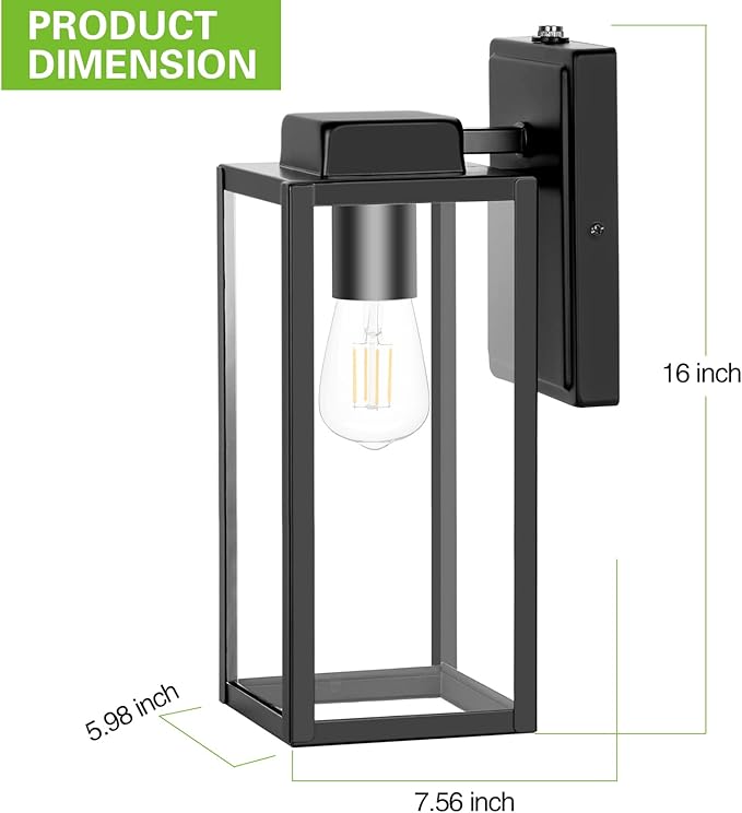 Large Outdoor Wall Light, 16 Inch Outdoor Wall Lantern, Dusk to Dawn Exterior Waterproof Wall Sconce, Anti-Rust Wall Mounted Lighting with Glass Shade, Matte Black Wall Lamp with E26 Socket for Porch