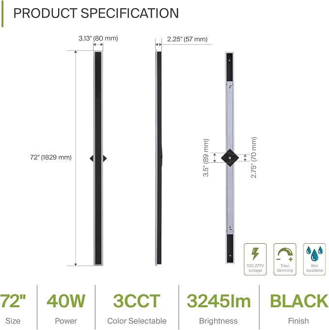 ASD LED 72" Long Wall Mount Light Fixture, Outdoor & Indoor Linear Sconce | 3CCT, Dimmable, Waterproof, Anti-Rust, ETL Listed | 40W 3200LM 3000-5000K 100-277V | Exterior Porch Lighting | Black