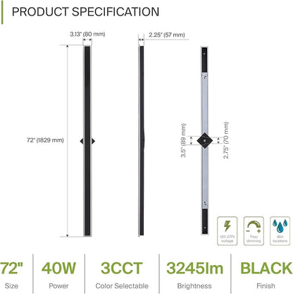 ASD LED 72" Long Wall Mount Light Fixture, Outdoor & Indoor Linear Sconce | 3CCT, Dimmable, Waterproof, Anti-Rust, ETL Listed | 40W 3200LM 3000-5000K 100-277V | Exterior Porch Lighting | Black