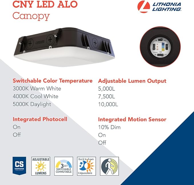 Lithonia Lighting 10" Square Canopy LED Outdoor Ceiling Light, Dusk-to-Dawn Photocell and Motion Sensor Outdoor Lights, Adjustable Brightness and Switchable Color Temperature, Wet Rated, Dark Bronze