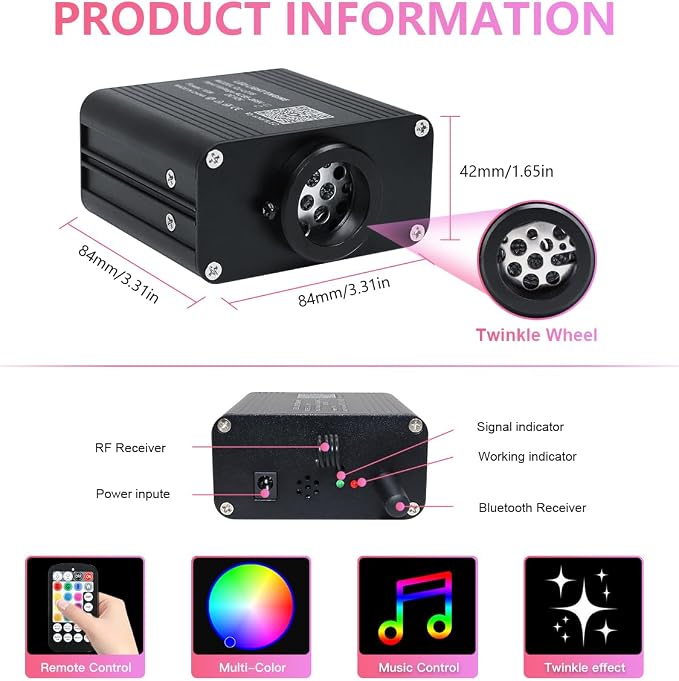 16W Car Home Starlight Headliner Kit, Twinkle & Sound Activate RGBW Fiber Optic Lights with APP & Remote Control, Star Lights for Ceiling Decoration, 500 pcs 6.5ft