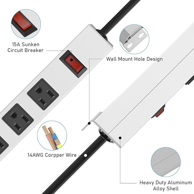 JUNNUJ Metal 16 Outlet Power Strip, Mountable Heavy Duty Power Strip, 1200J Surge Protector Wall Mount Screws Outlet with Switch, Gaming Desk Strips Wide Spaced 15A 125V 1875W, 15 FT 14AWG Power Cord
