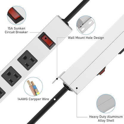 JUNNUJ Metal 16 Outlet Power Strip, Mountable Heavy Duty Power Strip, 1200J Surge Protector Wall Mount Screws Outlet with Switch, Gaming Desk Strips Wide Spaced 15A 125V 1875W, 15 FT 14AWG Power Cord