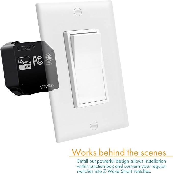 Z-Wave Plus Relay, Hidden Smart Switch Wireless Remote Control to Lights and Ceiling Fans, 120-277VAC, 10A, Neutral Wire Required, ZWN-RSM1-PLUS, Black, 2-Pack