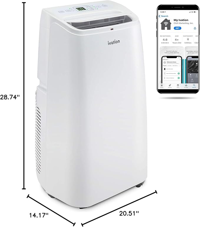 Ivation 12,000 BTU Portable Air Conditioner with Wi-Fi for Rooms Up to 450 Sq Ft (8,000 BTU SACC) 3-in-1 Smart App Control Cooling System, Dehumidifier and Fan with Remote, Exhaust Hose & Window Kit
