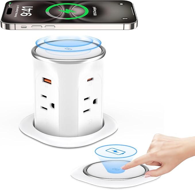 ANNQUAN 3.15" Motorized Pop Up Outlet Wireless Charger 20W USB White 6FT | Pop Up Countertop Receptacle Max 20W Power Delivery Pop Up Electrical Outlet with 4 Outlets 4 USB Ports Home Office Kitchen