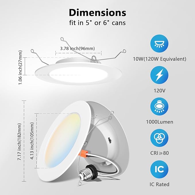 LVWIT LED Recessed Light 6Inch, Can Lighting Color Selectable 2700/3000/4000/5000/6000K 5CCT, 10W(120W Equivalent) Dimmable Downlight with E26 Conversion Kit, Retro Fit Ceiling Light Fixtures, 12 Pack