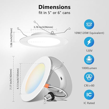 LVWIT 6 Inch LED Recessed Lighting 48 Pack, Slim Can Lights with White Cover, 5CCT Color Selectable, Dimmable Downlight with E26 Conversion Kit