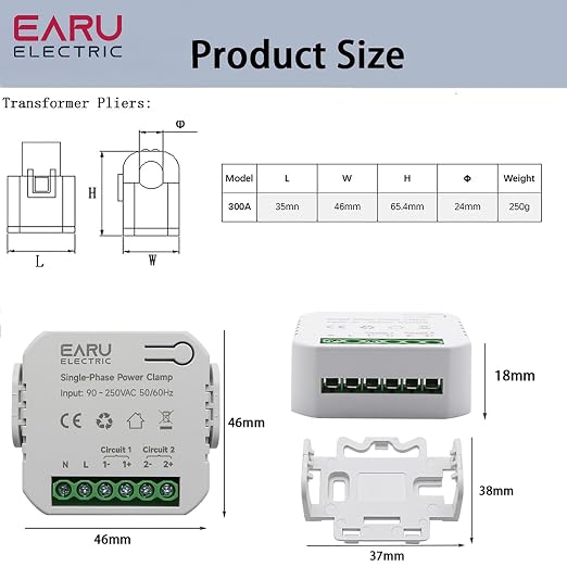 AC110V 220V 300A Tuya App Smart Two-Way Bilateral WiFi Energy Meter with 2PCS 300A 24MM CT Current Transformers Clamps Sensors KWh Power Eenrgy Electricity Consumption Monitor Meter Voltmeter Ammeter