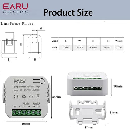 AC110V 220V 300A Tuya App Smart Two-Way Bilateral WiFi Energy Meter with 2PCS 300A 24MM CT Current Transformers Clamps Sensors KWh Power Eenrgy Electricity Consumption Monitor Meter Voltmeter Ammeter