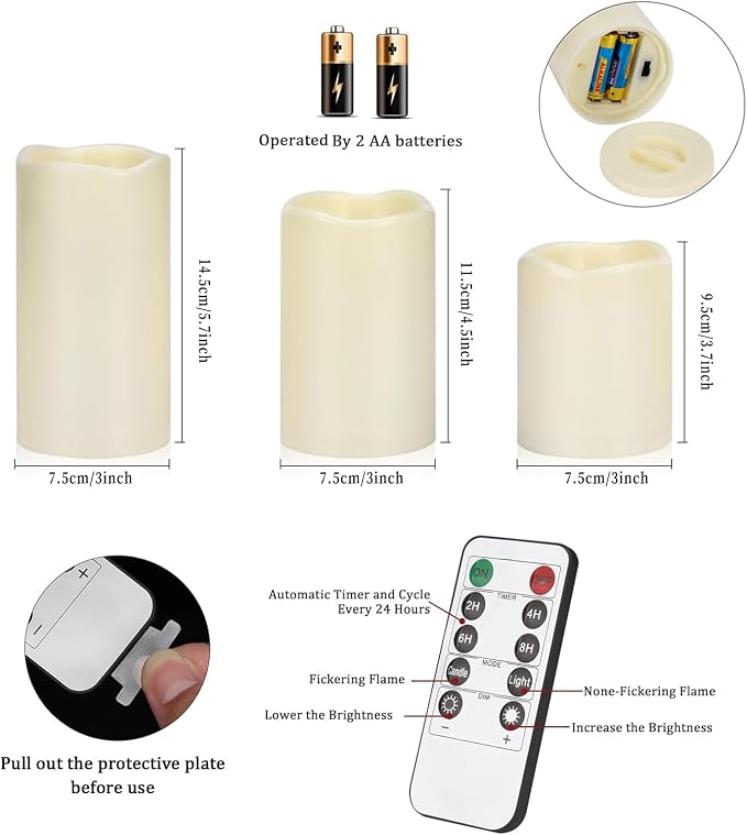 Flameless Candles 4" 5" 6" Outdoor Indoor Pillars Battery Operated Flickering Candles Include 10-Key Remote Timer 400+ Hours by 2 AA Batteries (Ivory Candle - Warm light, 3"D x 4"|5"|6" H - 6 Pack)