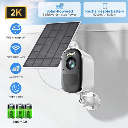 Security Cameras, Wireless Camera Outdoor Powered by Solar & Battery, 2K Cameras for Home Security, Color Night Vision, PIR Motion Detection,2-Way Talk,SD/Cloud Storage,2.4G/5GHz Wifi Solar Camera