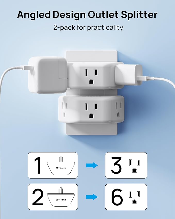 TROND Multi Plug Outlet Extender 2 Pack, Outlet Splitter for Bathroom | No Blocking with 3 Way Angled Design, ETL Listed, Cruise Essentials, Small Multiple Plug Adapter for Kitchen Office, White