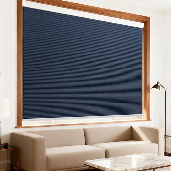 Motorized Cellular Shades with Remote Blackout Honeycomb Smart Blinds Options for Indoor Windows, Remote/Alexa/Matter Compatible, Easy DIY Installation (Blue)