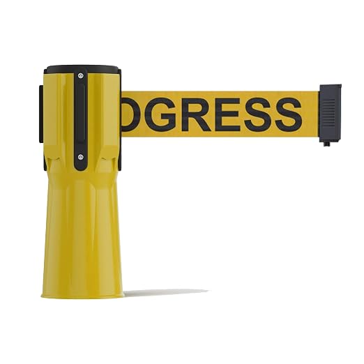 Trafford Industrial 11 Ft. Cone-Mounted Retractable Belt Barrier Yellow Case with Yellow"Cleaning in Progress" Black Letters Belt