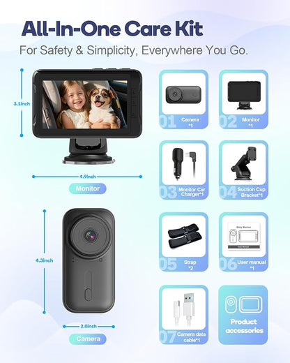 Wireless Baby Car Camera, Car Baby Monitor No Wi-Fi Needed, Auto Night Vision IR-Cut Adjustable Lens, Long Battery for Rear-Facing Seat Long Trips, Newborn Travel Essentials