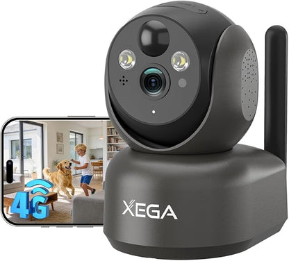Xega 4G Cellular Security Camera Indoor Wireless, 2K PTZ No WiFi Camera for Home/RV/Travel/Pet/Baby with Phone App, Battery Powered Motion Detection Cloud/TF Built-in SIM Card(Subscription Required)