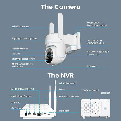 XMARTO QHD Wire-Free Solar Security Camera System Outdoor/Indoor Wireless, Pan Tilt Zoom, 4K Long Range WiFi 6 Surveillance DVR Kit, Long-Lasting Solar Battery Home CCTV 8-CAM Set w. 120-day Storage