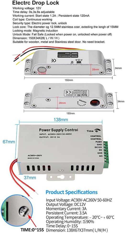 Door Entry System with Waterproof Access Control Keypad Power Supply DC 12V,Door Lock Release Switch,Electric Lock and 125KHZ RFID Key Fobs Electric Bolt Lock