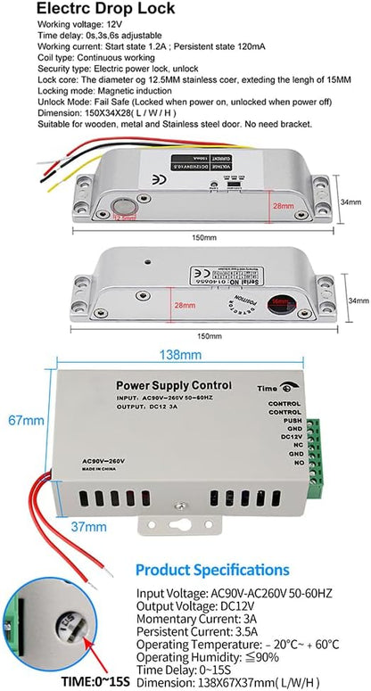Door Entry System with Waterproof Access Control Keypad Power Supply DC 12V,Door Lock Release Switch,Electric Lock and 125KHZ RFID Key Fobs Electric Bolt Lock