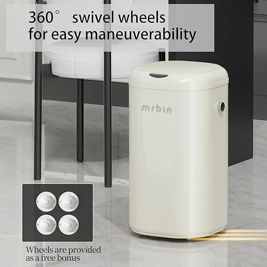 MRBIN Adsorption Metal Kitchen Motion Sensor Trash Can Removable, 30L / 7.9gal Automatic Absorbing Bag Lidded Garbage Bin with Wheels, Commercial Waste Basket for Office and Bedroom, Bathroom, White