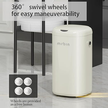 MRBIN Adsorption Metal Kitchen Motion Sensor Trash Can Removable, 30L / 7.9gal Automatic Absorbing Bag Lidded Garbage Bin with Wheels, Commercial Waste Basket for Office and Bedroom, Bathroom, White