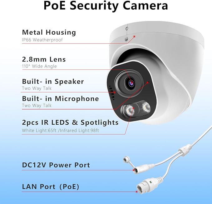 8MP 4K PoE IP Security Camera, H.265 Smart Dual Light Turret Dome Camera, Support Color Night Vision, Two Way Talk, SD Card Slot, 98ft Night Vision, 110°Wide Angle, Human/Vehicle Detection