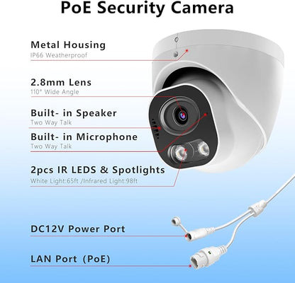 8MP 4K PoE IP Security Camera, H.265 Smart Dual Light Turret Dome Camera, Support Color Night Vision, Two Way Talk, SD Card Slot, 98ft Night Vision, 110°Wide Angle, Human/Vehicle Detection
