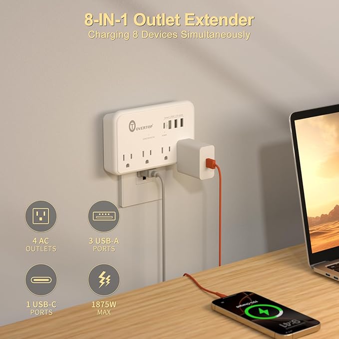 Overtop Wall Outlet Extender,Multi Plug Surge Protector,1800J