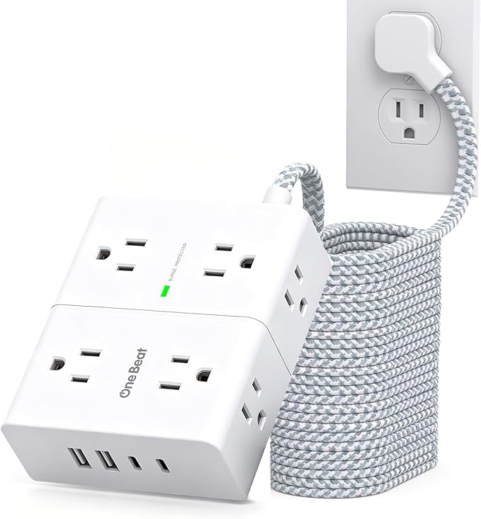 Extension Cord 25 Ft, One Beat Surge Protector Power Strip 25 Ft Long Cord, 8 AC Outlets with 4 USB Ports(2 USB C), White Power Strip for Home Office College Dorm Room, Desk Essentials