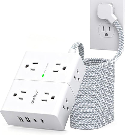 Extension Cord 25 Ft, One Beat Surge Protector Power Strip 25 Ft Long Cord, 8 AC Outlets with 4 USB Ports(2 USB C), White Power Strip for Home Office College Dorm Room, Desk Essentials
