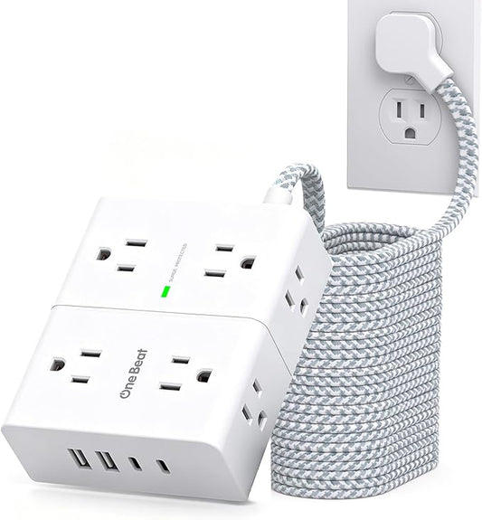 Extension Cord 25 Ft, One Beat Surge Protector Power Strip 25 Ft Long Cord, 8 AC Outlets with 4 USB Ports(2 USB C), White Power Strip for Home Office College Dorm Room, Desk Essentials