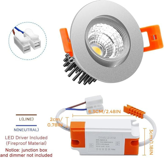 2Inch LED Recessed Ceiling Light, 3W Dimmable LED Downlight, 60 Beam Angle COB Recessed Lights with Driver, Warm White 3000K-3500K, 25W Halogen Bulbs Equivalent for Ceiling Lighting, Silver 1Pack
